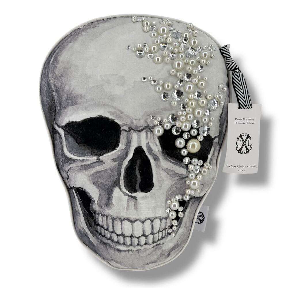 CXL Christian Lacroix Faux Pearl Rhinestone Halloween Skull Throw Pillow Bling